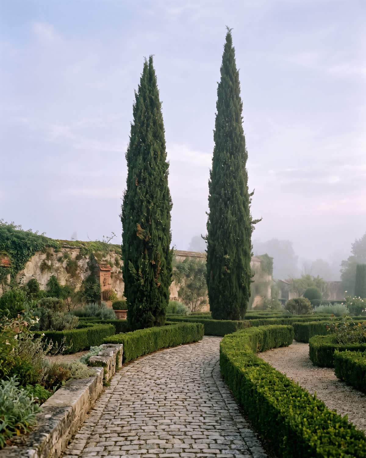 Klassischer Garten mit Zypressen im Morgennebel – StilGärten Schade